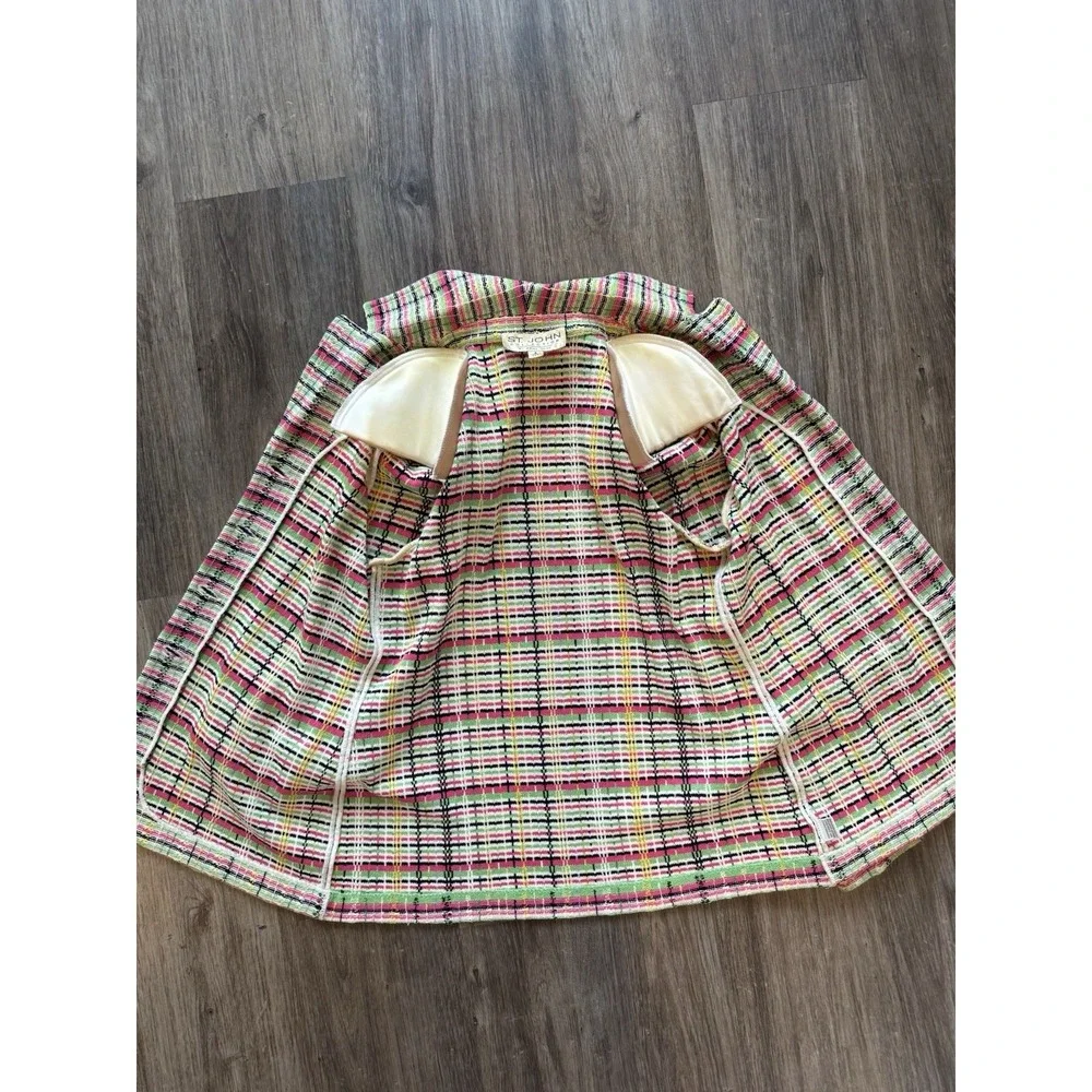 Vintage St. John Collection Knit Fringe Multicolor Plaid Jacket Skirt Suit Set - Picture 12 of 16